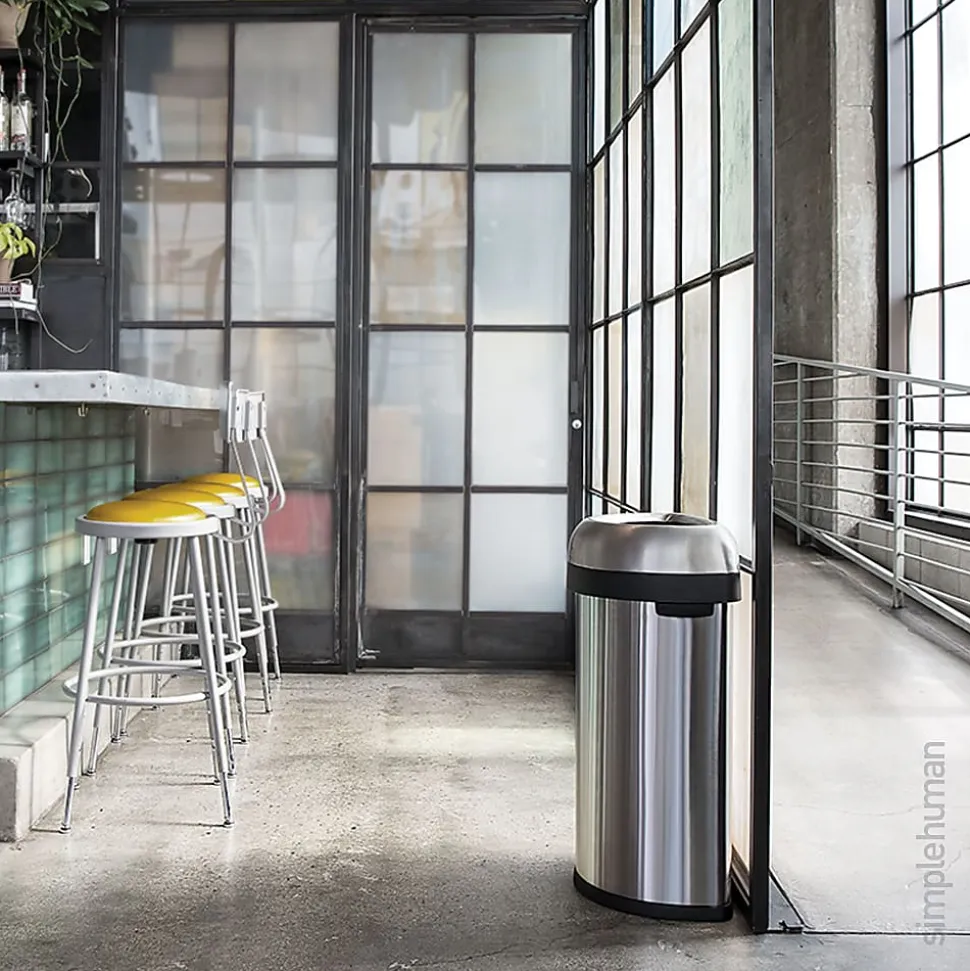 simplehuman Commercial Open Top Trash Can, Semi-Round, 21 Gallons, 30" x 20.7" x 14.3", Brushed Heavy-Gauge Stainless Steel