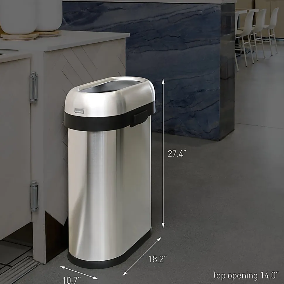 simplehuman Commercial Open Top Trash Can, Slim Oval, 13 Gallons, 27.4" x 10.7" x 18.2", Brushed Heavy-Gauge Stainless Steel