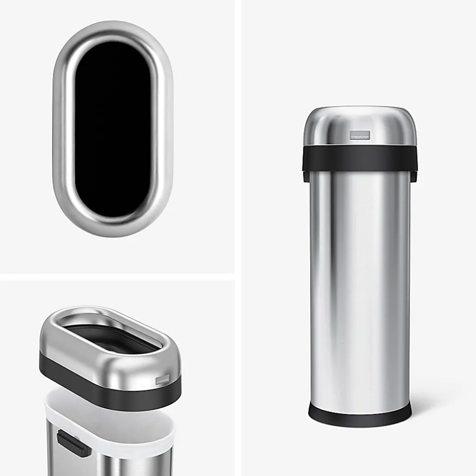 simplehuman Commercial Open Top Trash Can, Slim Oval, 13 Gallons, 27.4" x 10.7" x 18.2", Brushed Heavy-Gauge Stainless Steel