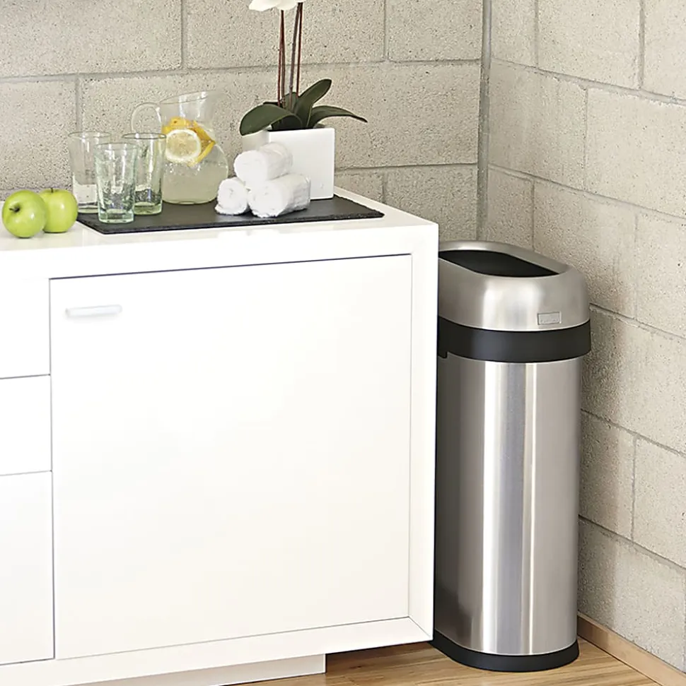 simplehuman Commercial Open Top Trash Can, Slim Oval, 13 Gallons, 27.4" x 10.7" x 18.2", Brushed Heavy-Gauge Stainless Steel