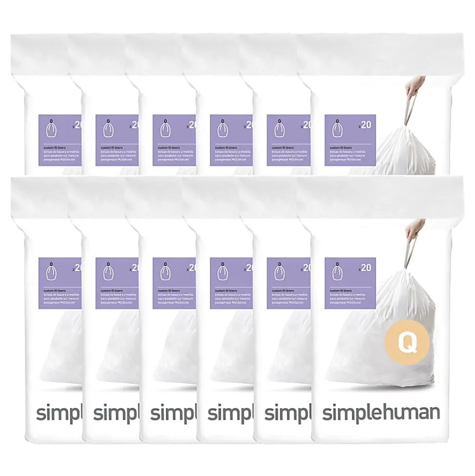 simplehuman Custom Fit Can Liners, Q, 0.3 mil, 13 To 17 Gallons, White, Pack Of 240 Liners