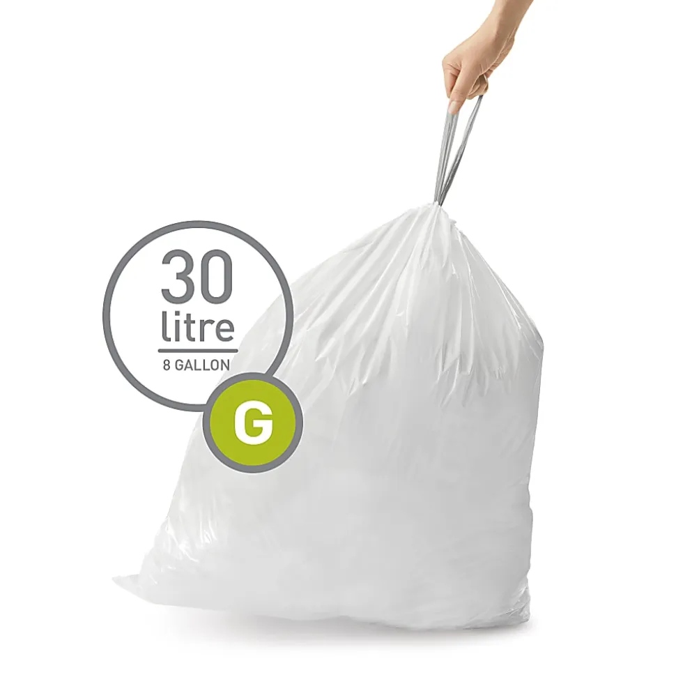 simplehuman Custom Fit Can Liners, G, 0.3 mil, 8 Gallons, White, Pack Of 240 Liners