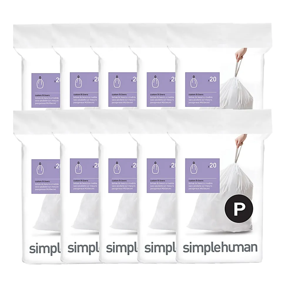 simplehuman Custom Fit Can Liners, 16 Gallon, 50% Recycled, White, Pack Of 200 Liners