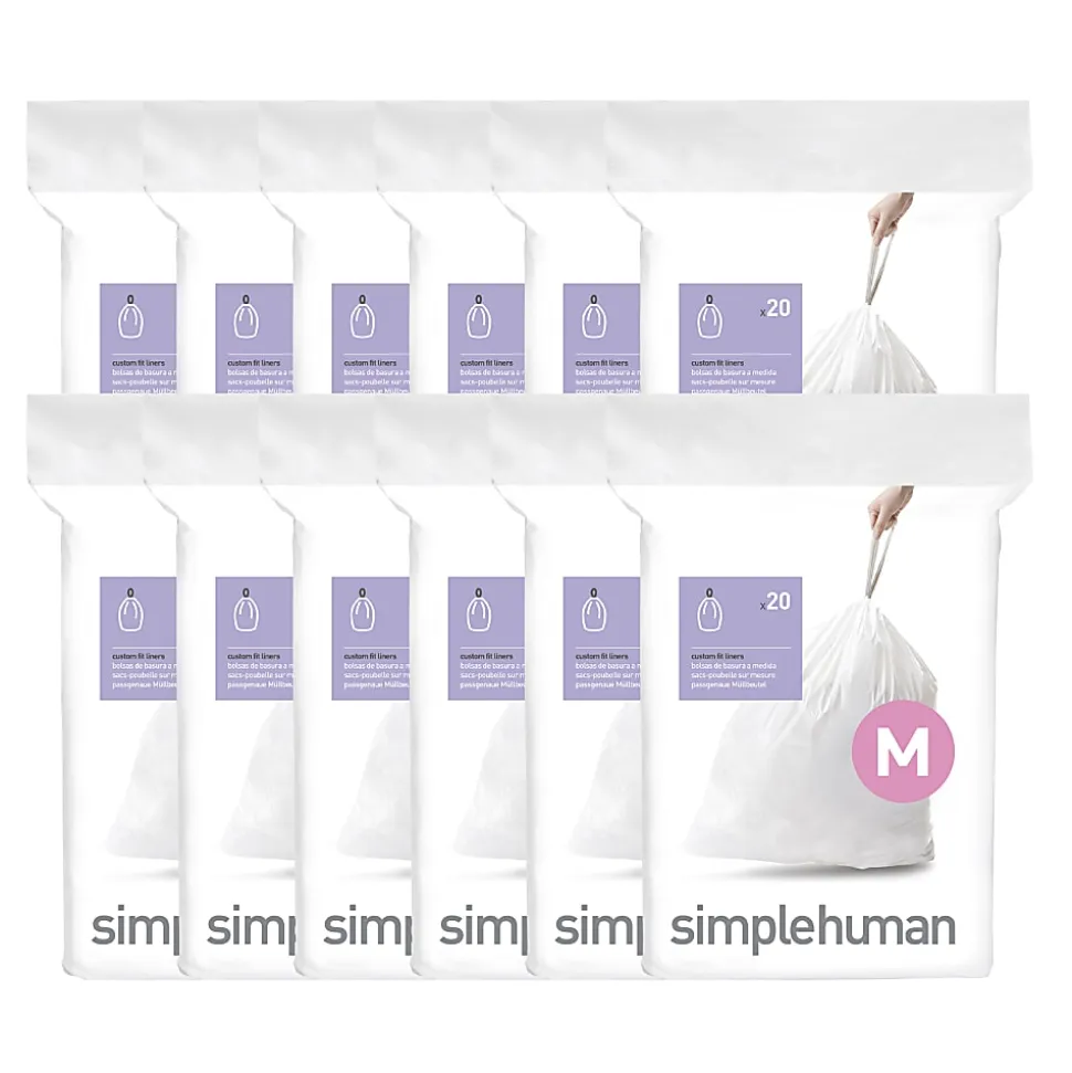 simplehuman® Custom Fit Can Liners, M, 45L/12G, White, 0.3 mil, Pack Of 240