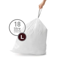 simplehuman Custom-Fit Trash Can Liners, Code L, 0.25-mil, 4.76 Gallons, 20" x 18 3/4", White, Pack Of 240 Liners