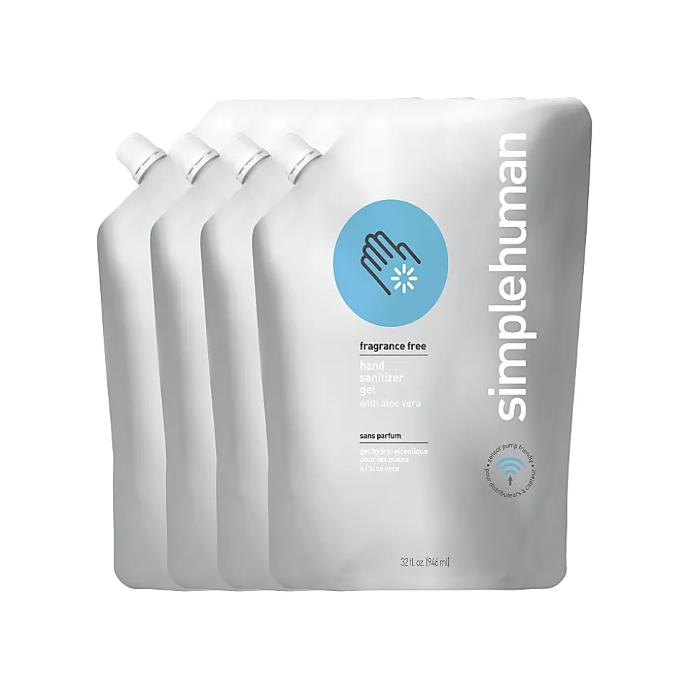 simplehuman Fragrance-Free Hand Sanitizer Refill Pouches, 32 Oz, Pack Of 4 Pouches
