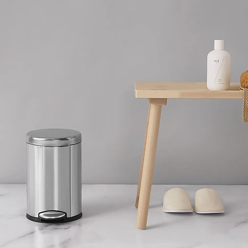 simplehuman Mini Round Step Trash Can, 1.2 Gallons, 12.1"H x 7.6"W x 10"D, Brushed Stainless Steel