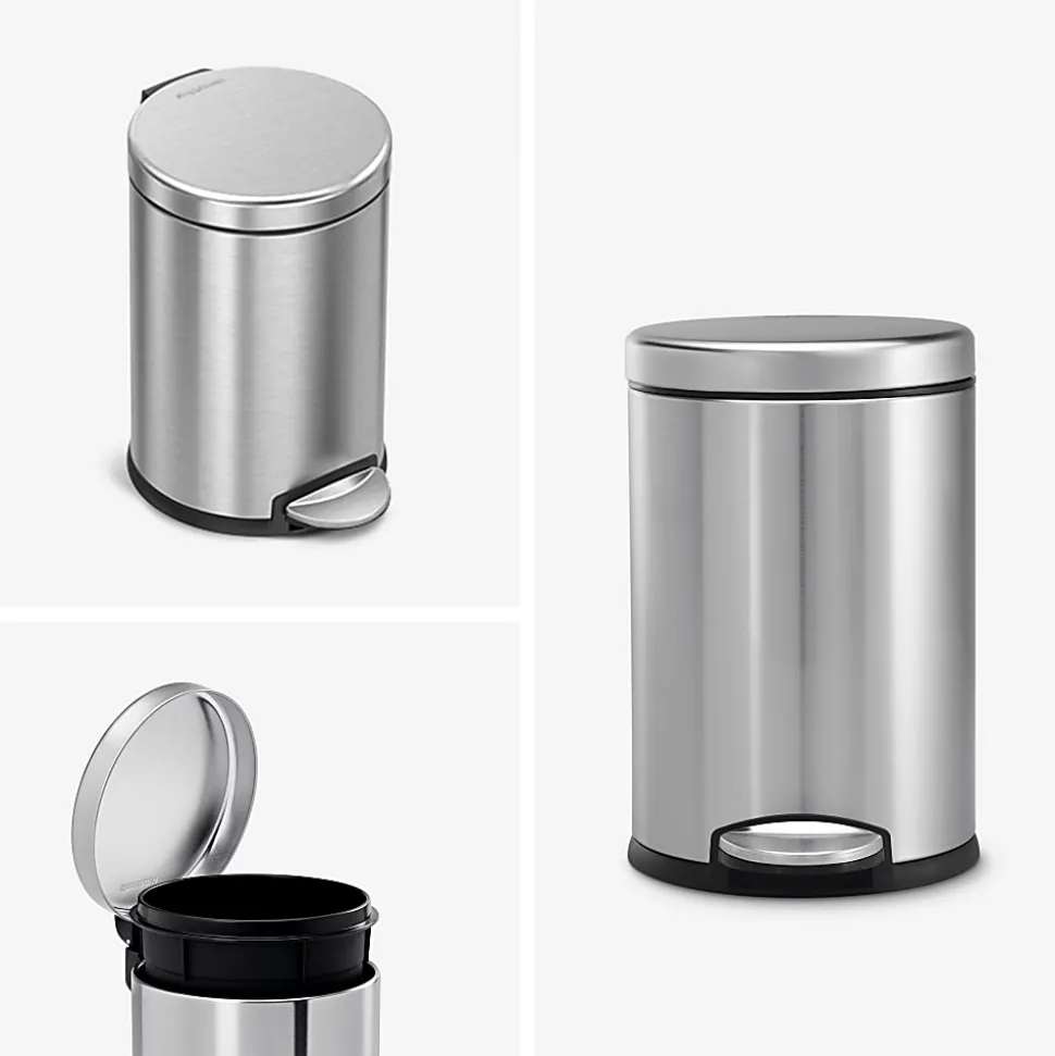 simplehuman Mini Round Step Trash Can, 1.2 Gallons, 12.1"H x 7.6"W x 10"D, Brushed Stainless Steel