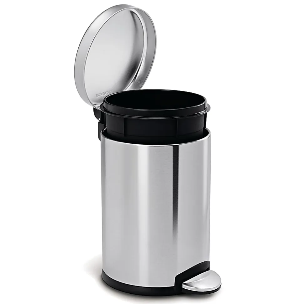 simplehuman Mini Round Step Trash Can, 1.2 Gallons, 12.1"H x 7.6"W x 10"D, Brushed Stainless Steel