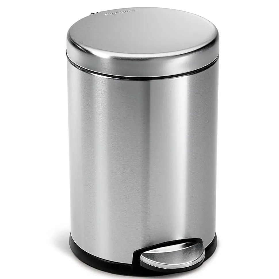 simplehuman Mini Round Step Trash Can, 1.2 Gallons, 12.1"H x 7.6"W x 10"D, Brushed Stainless Steel