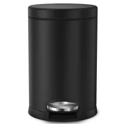 simplehuman Mini Round Step Trash Can, 1.2 Gallons, 12.1"H x 7.6"W x 10"D, Matte Black Steel