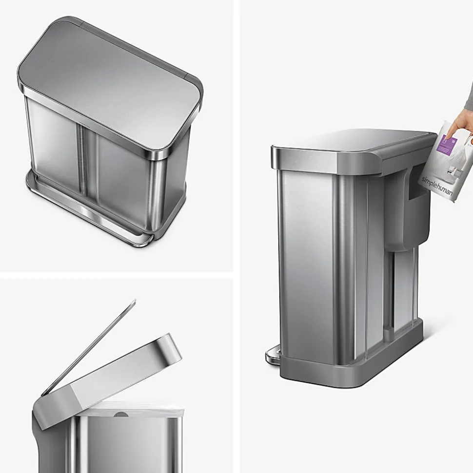 simplehuman Rectangular Step Can With Liner Pocket, 15.3 Gallons, Dual-Compartment Recycling, Brushed Stainless Steel