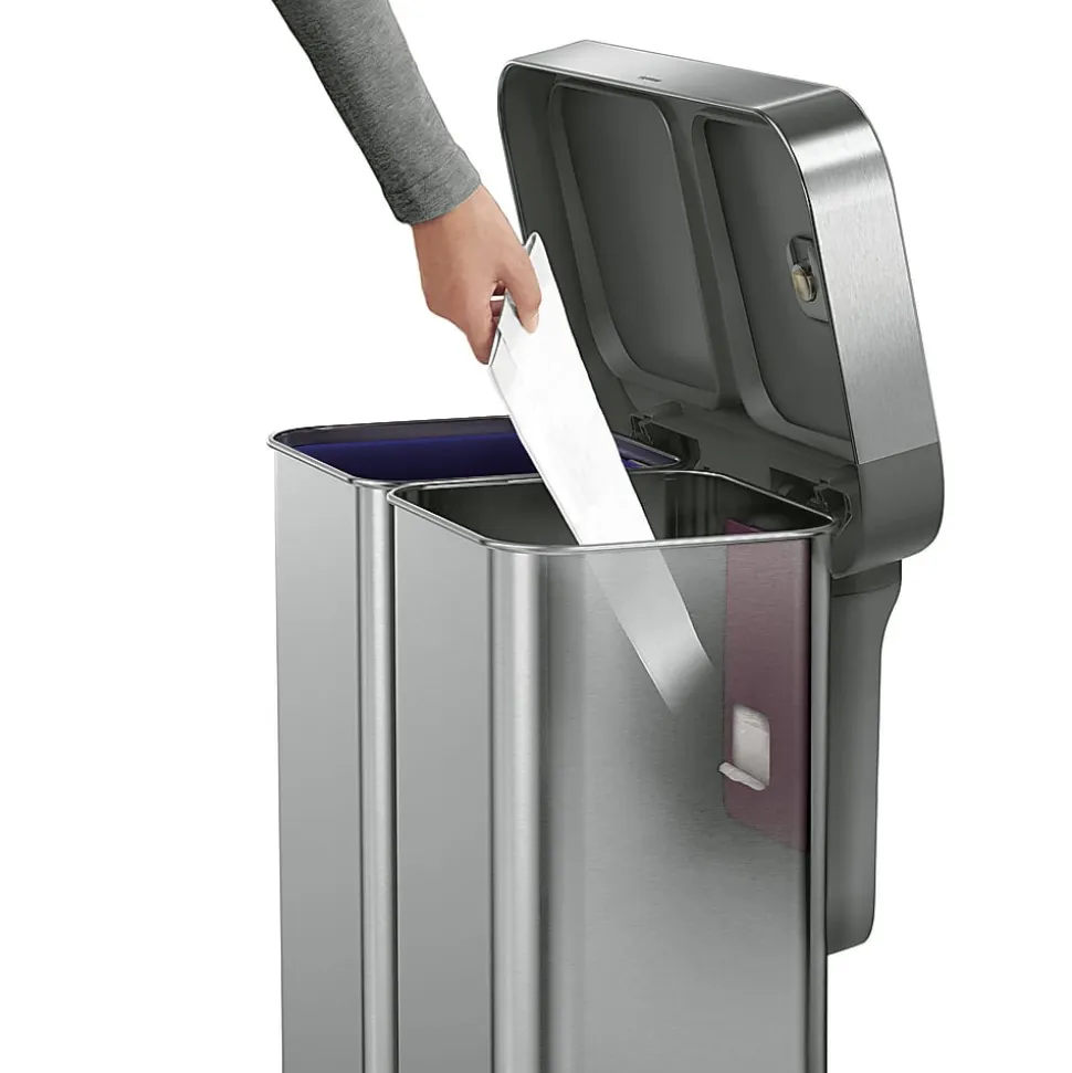 simplehuman Rectangular Step Can With Liner Pocket, 15.3 Gallons, Dual-Compartment Recycling, Brushed Stainless Steel