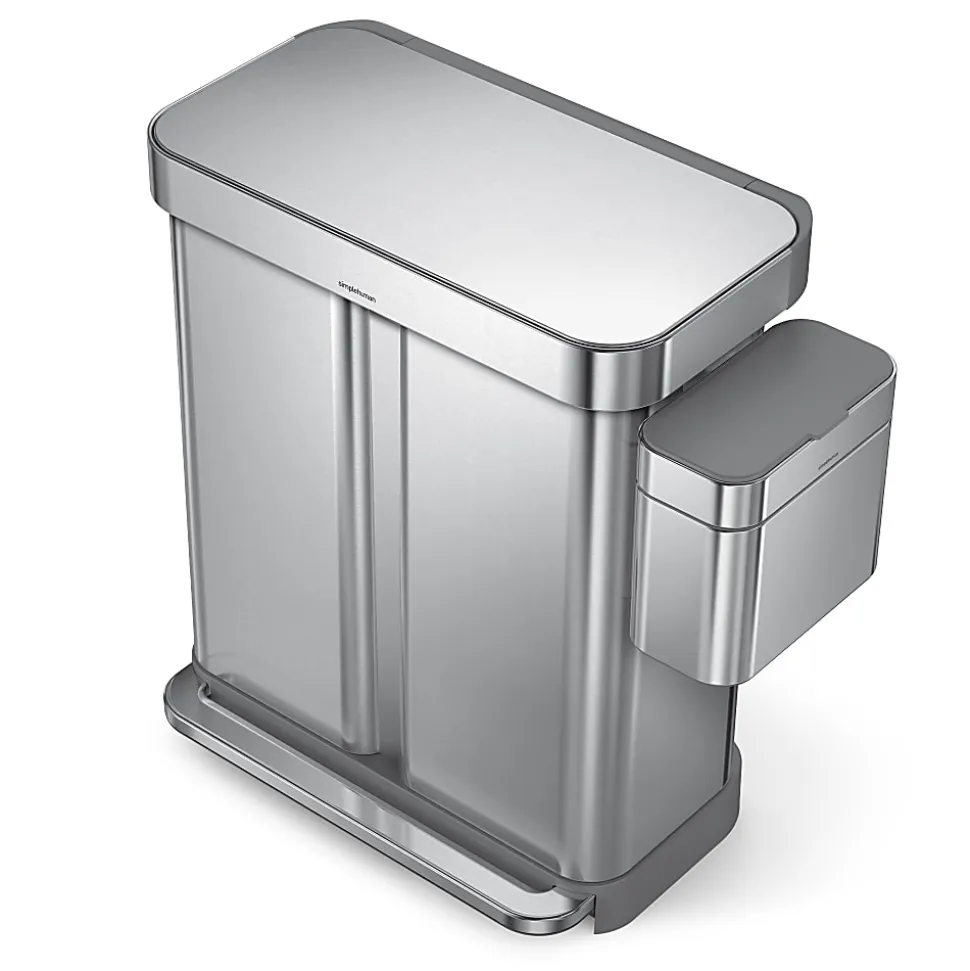 simplehuman Rectangular Step Can With Liner Pocket, 15.3 Gallons, Dual-Compartment Recycling, Brushed Stainless Steel