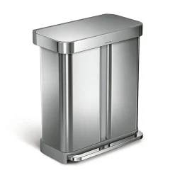 simplehuman Rectangular Step Can With Liner Pocket, 15.3 Gallons, Dual-Compartment Recycling, Brushed Stainless Steel