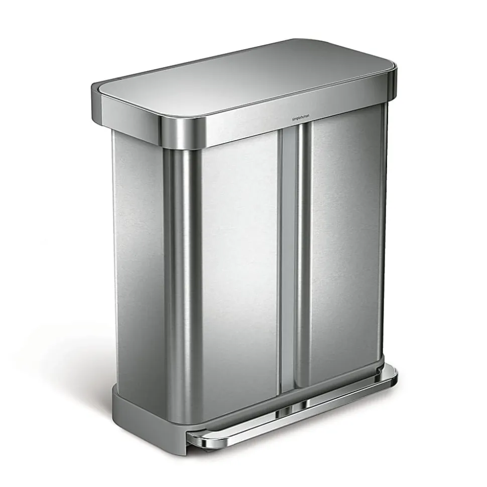 simplehuman Rectangular Step Can With Liner Pocket, 15.3 Gallons, Dual-Compartment Recycling, Brushed Stainless Steel