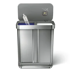 simplehuman Rectangular Step Can With Liner Pocket, 15.3 Gallons, Dual-Compartment Recycling, Brushed Stainless Steel