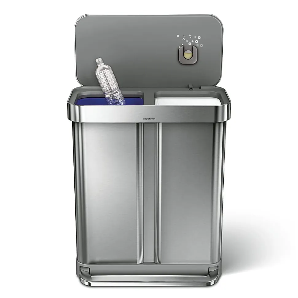 simplehuman Rectangular Step Can With Liner Pocket, 15.3 Gallons, Dual-Compartment Recycling, Brushed Stainless Steel
