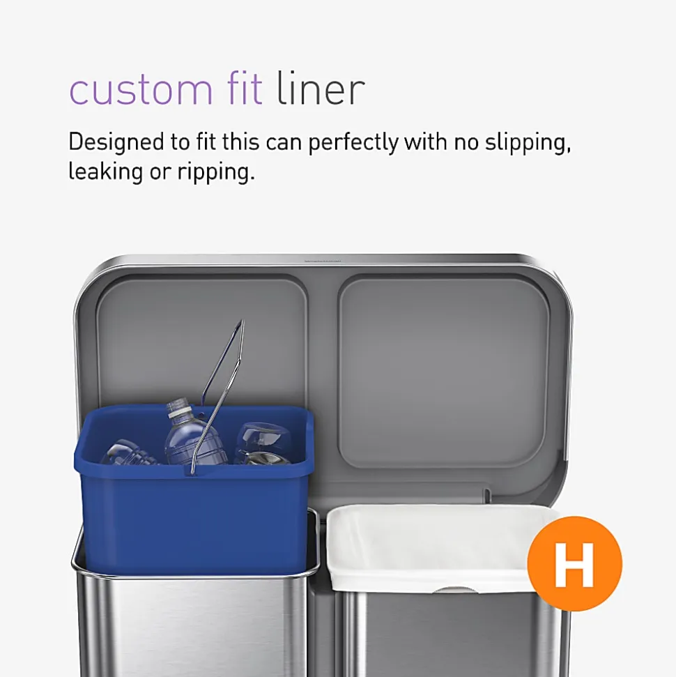 simplehuman Rectangular Step Can With Liner Pocket, 15.3 Gallons, Dual-Compartment Recycling, Brushed Stainless Steel