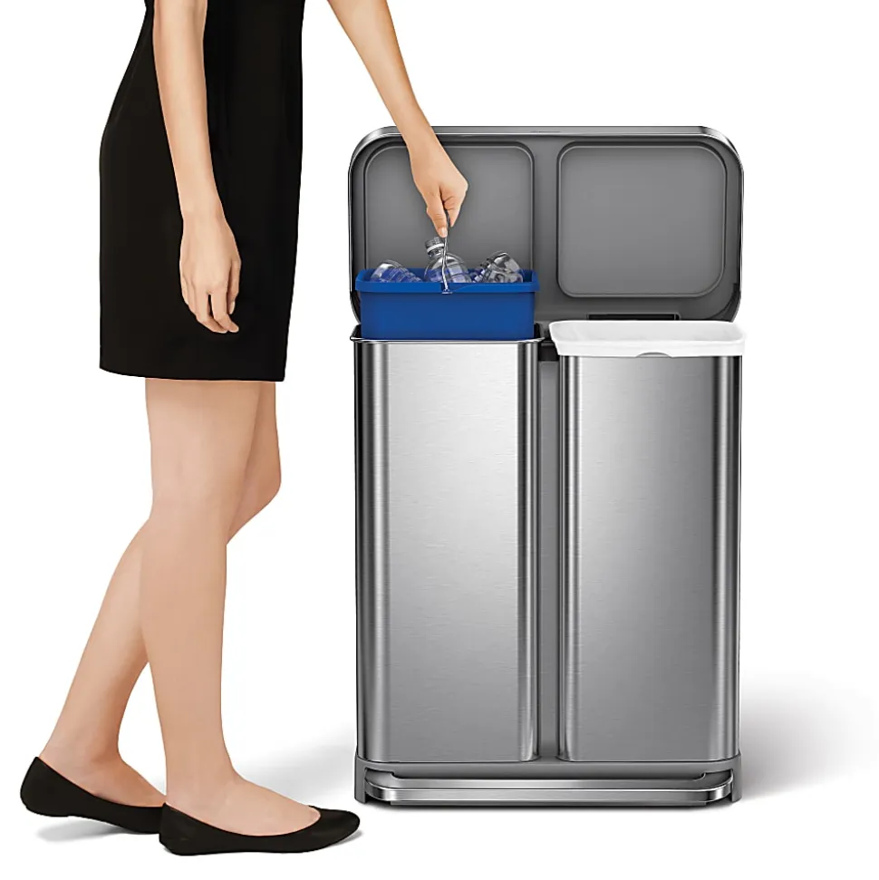 simplehuman Rectangular Step Can With Liner Pocket, 15.3 Gallons, Dual-Compartment Recycling, Brushed Stainless Steel