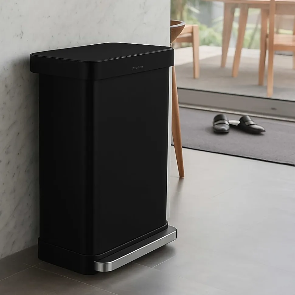 simplehuman Rectangular Step Can With Liner Pocket, 12 Gallons, Matte Black Steel