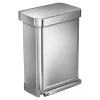 simplehuman Rectangular Step Can With Liner Pocket, 14.5 Gallons, Brushed Stainless Steel