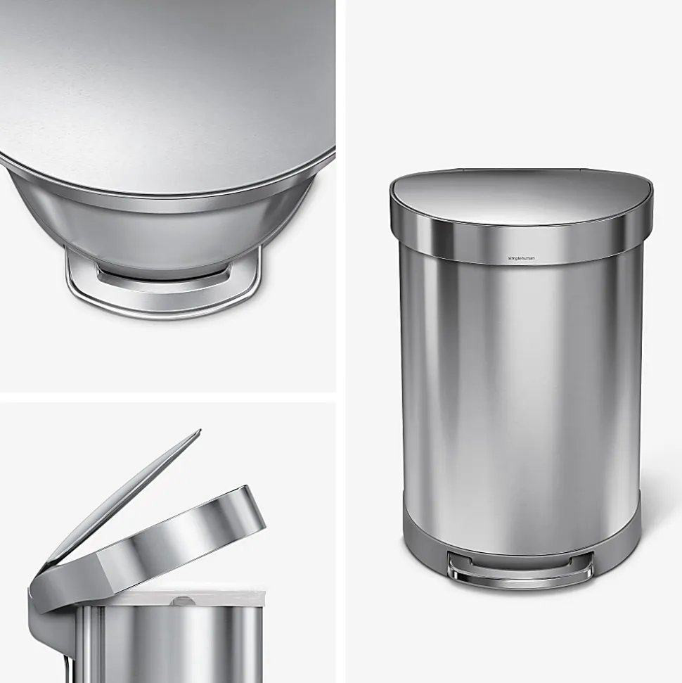 simplehuman Semi-Round Liner Rim Step Trash Can, 16 Gallons, Brushed Stainless Steel