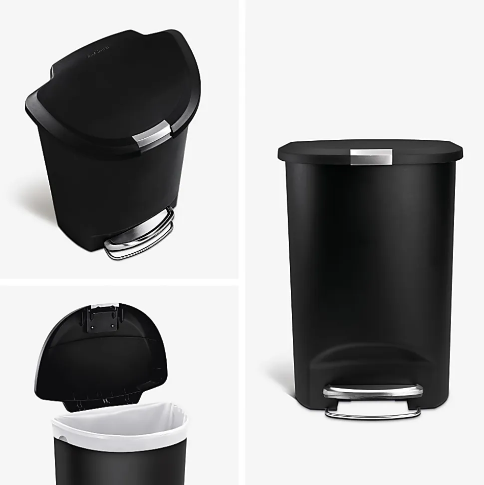 simplehuman® Semi-Round Plastic Step Trash Can, 13 Gallons, 26-1/4"H x 18-3/4"W x 14-7/16"D, Black