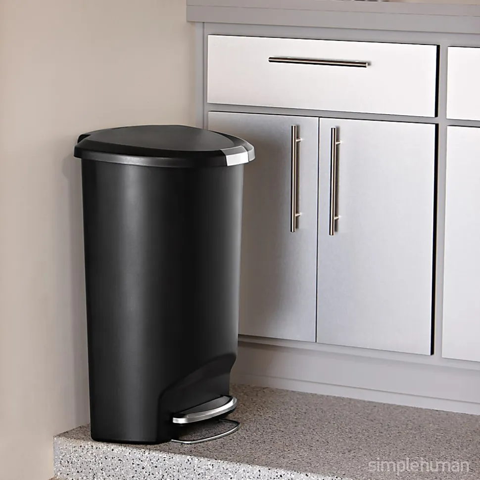 simplehuman® Semi-Round Plastic Step Trash Can, 13 Gallons, 26-1/4"H x 18-3/4"W x 14-7/16"D, Black