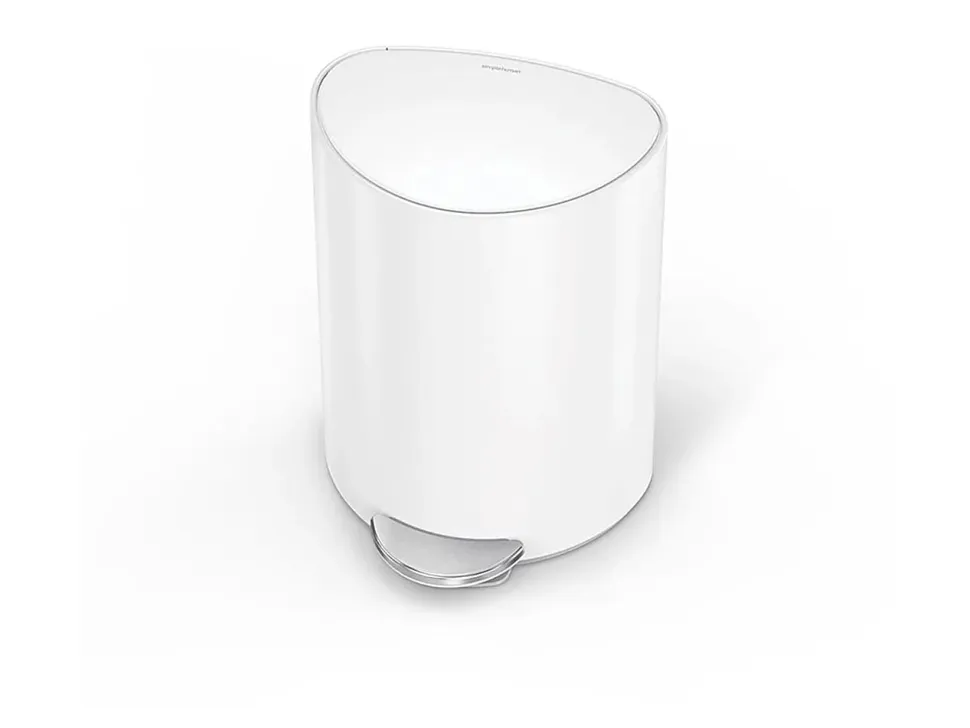 simplehuman Semi-Round Steel Step Trash Can, 1.6 Gallons, White Steel, With Internal Liner Pocket
