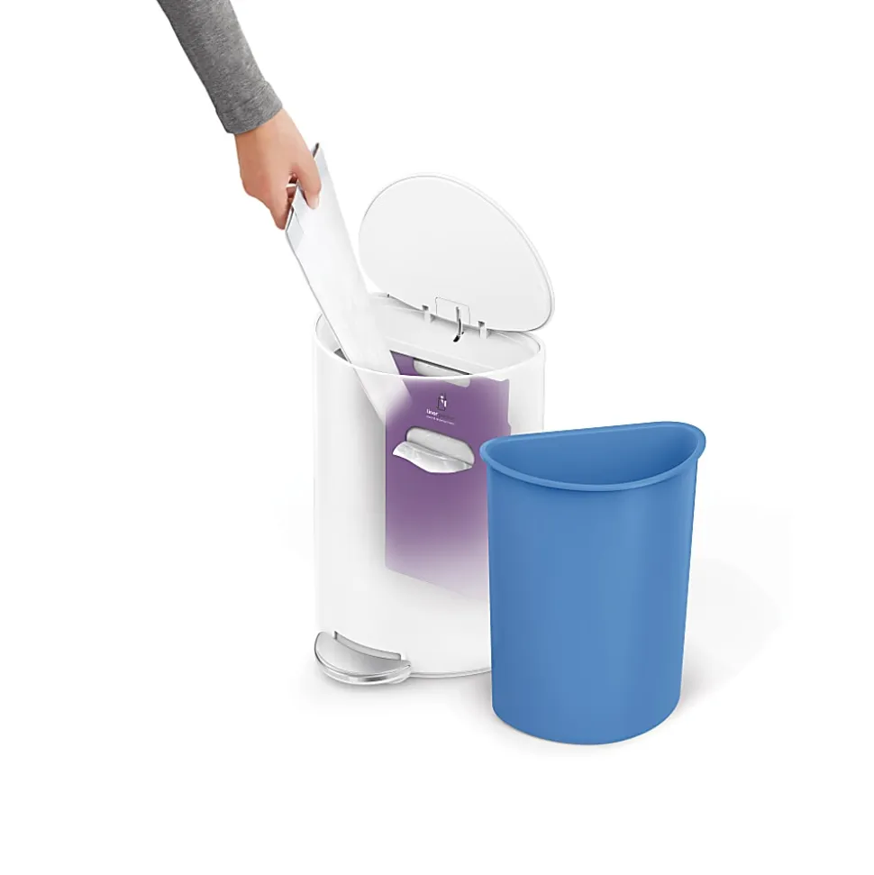simplehuman Semi-Round Steel Step Trash Can, 1.6 Gallons, White Steel, With Internal Liner Pocket