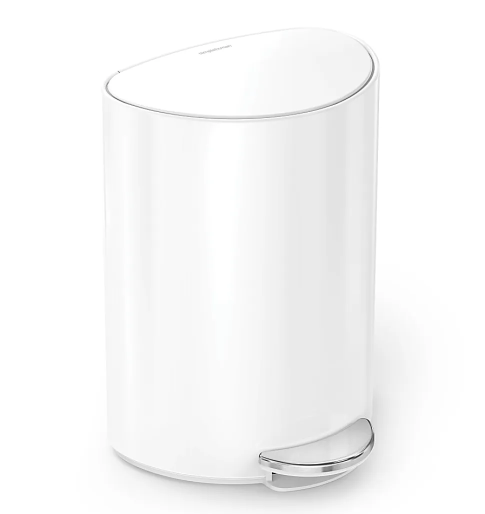 simplehuman Semi-Round Steel Step Trash Can, 1.6 Gallons, White Steel, With Internal Liner Pocket