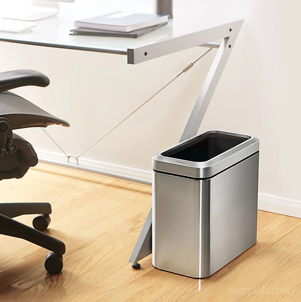 simplehuman Slim Open Top Mini Trash Can, 6.6 Gallons, 15.2"H x 8.7"W x 16.7"D, Rectangular, Brushed Stainless Steel