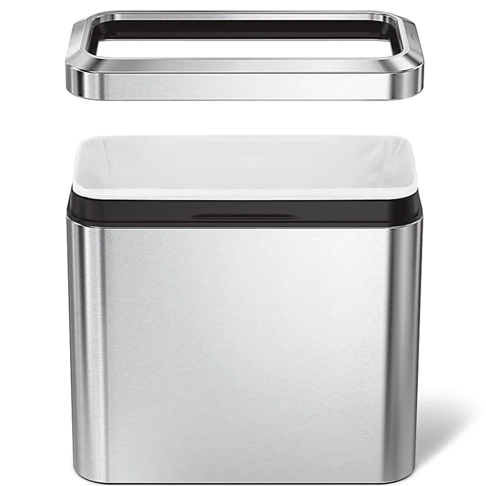 simplehuman Slim Open Top Mini Trash Can, 6.6 Gallons, 15.2"H x 8.7"W x 16.7"D, Rectangular, Brushed Stainless Steel