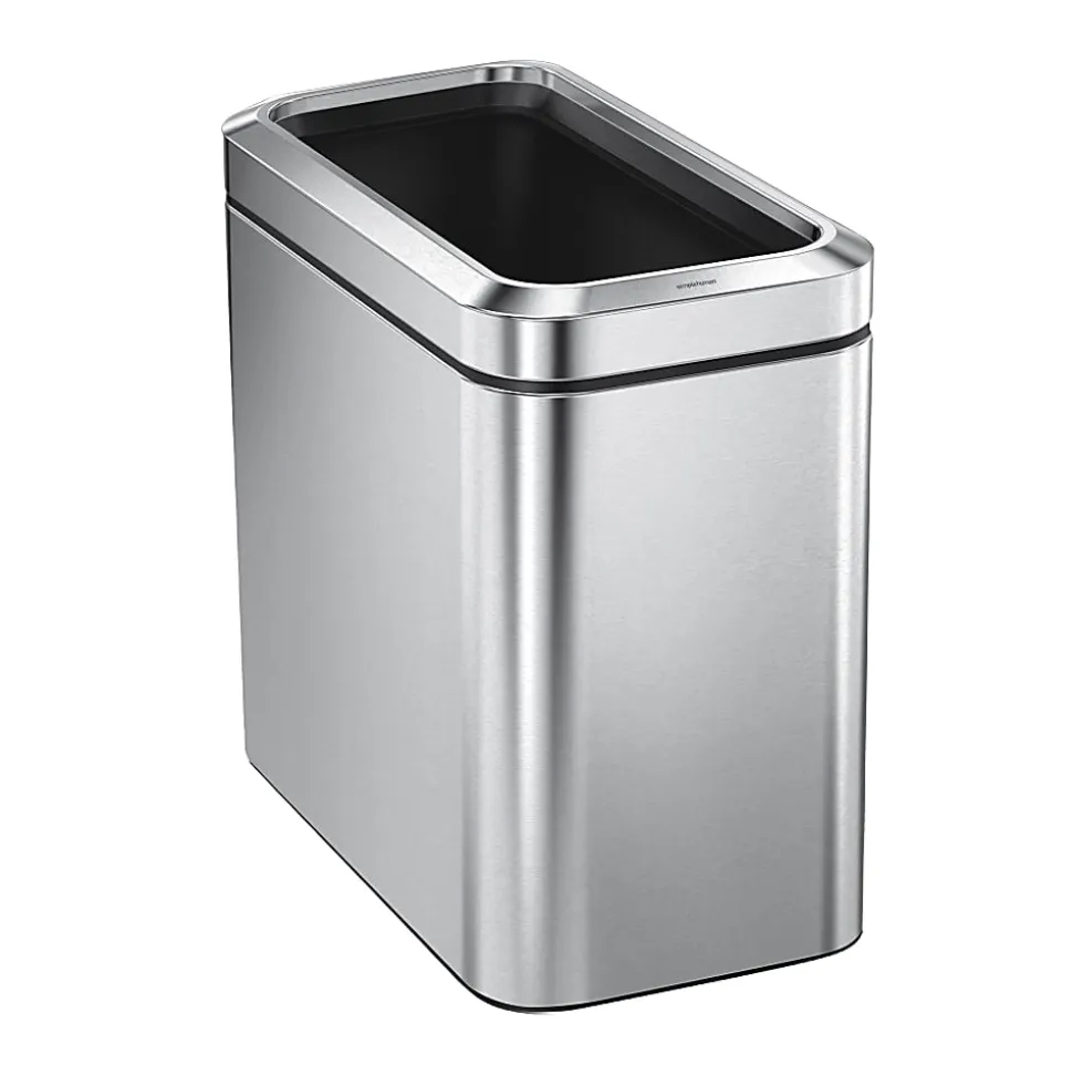 simplehuman Slim Open Top Mini Trash Can, 6.6 Gallons, 15.2"H x 8.7"W x 16.7"D, Rectangular, Brushed Stainless Steel