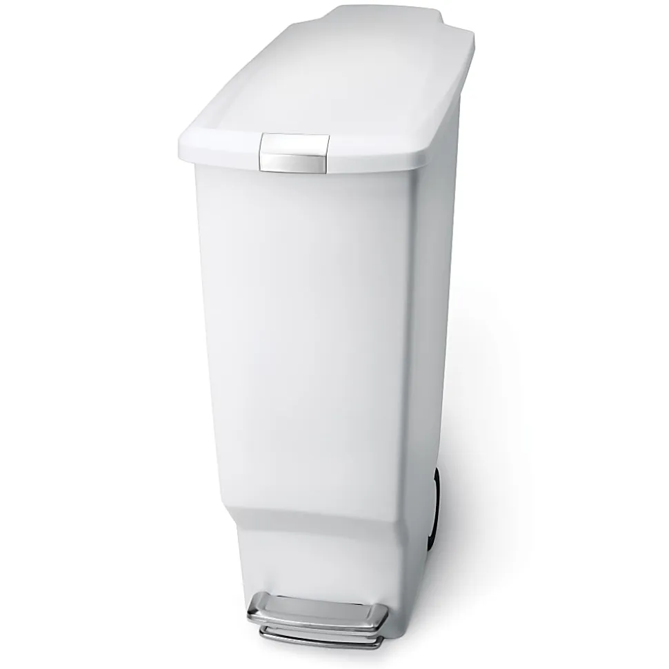 simplehuman Slim Plastic Step Trash Can, 25 1/4"H x 10 1/4"W x 19 5/16"D, 10.57 Gallons, White
