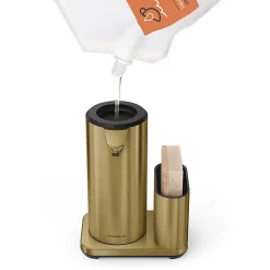 simplehuman Touch-Free Rechargeable Sensor Liquid Soap And Hand Sanitizer Dispenser, With Caddy, 14 Oz, Brass