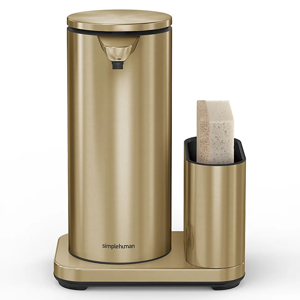 simplehuman Touch-Free Rechargeable Sensor Liquid Soap And Hand Sanitizer Dispenser, With Caddy, 14 Oz, Brass