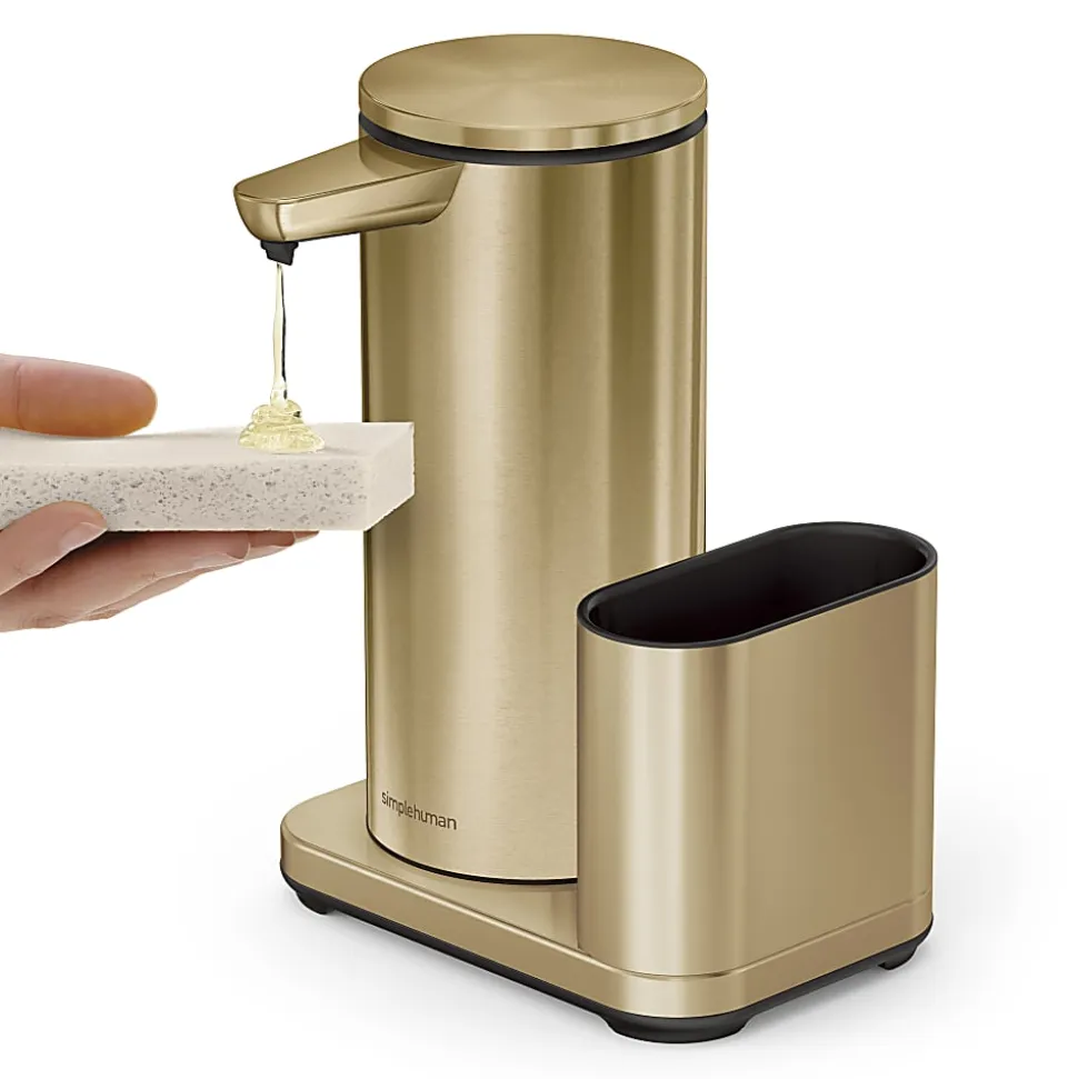 simplehuman Touch-Free Rechargeable Sensor Liquid Soap And Hand Sanitizer Dispenser, With Caddy, 14 Oz, Brass