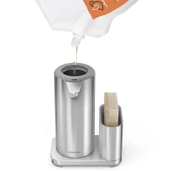 simplehuman Touch-Free Rechargeable Sensor Liquid Soap And Hand Sanitizer Dispenser, With Caddy, 14 Oz, Brushed Silver