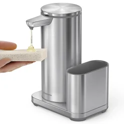 simplehuman Touch-Free Rechargeable Sensor Liquid Soap And Hand Sanitizer Dispenser, With Caddy, 14 Oz, Brushed Silver