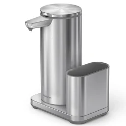 simplehuman Touch-Free Rechargeable Sensor Liquid Soap And Hand Sanitizer Dispenser, With Caddy, 14 Oz, Brushed Silver