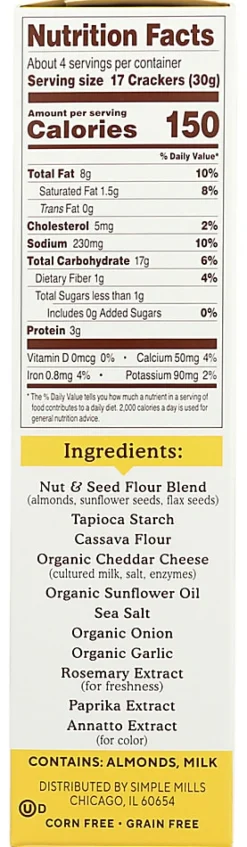 Simple Mills Almond Flour Crackers, Farmhouse Cheddar, 4.25 Oz, Total Qty 6