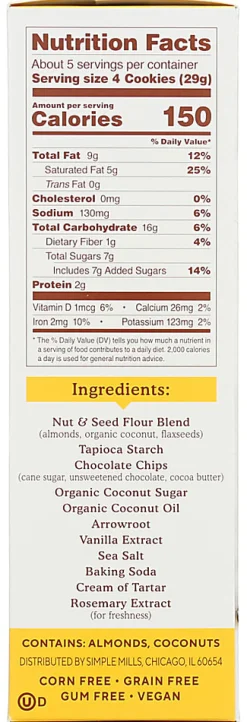 Simple Mills Crunchy Cookies, Chocolate Chip, 5.5 Oz, Total Qty 6
