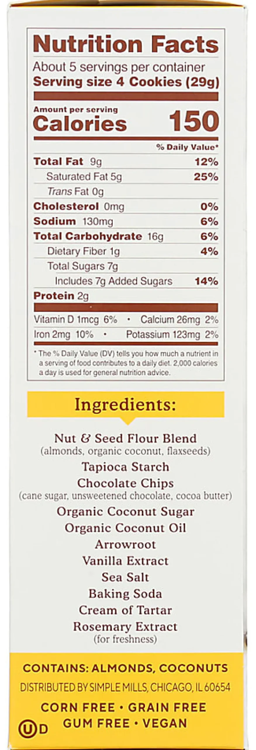 Simple Mills Crunchy Cookies, Chocolate Chip, 5.5 Oz, Total Qty 6