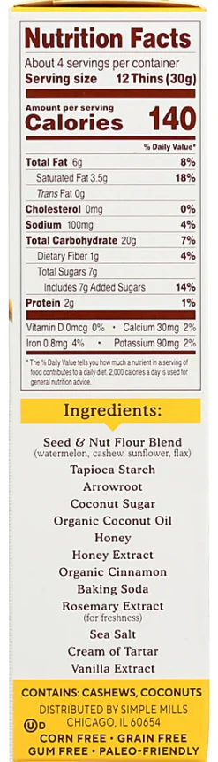 Simple Mills Seed And Nut Flour Sweet Thins, Honey Cinnamon, 4.25 Oz, Total Qty 6