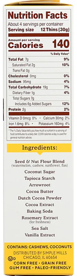 Simple Mills Seed And Nut Flour Sweet Thins, Chocolate Brownie, 4.25 Oz, Total Qty 6
