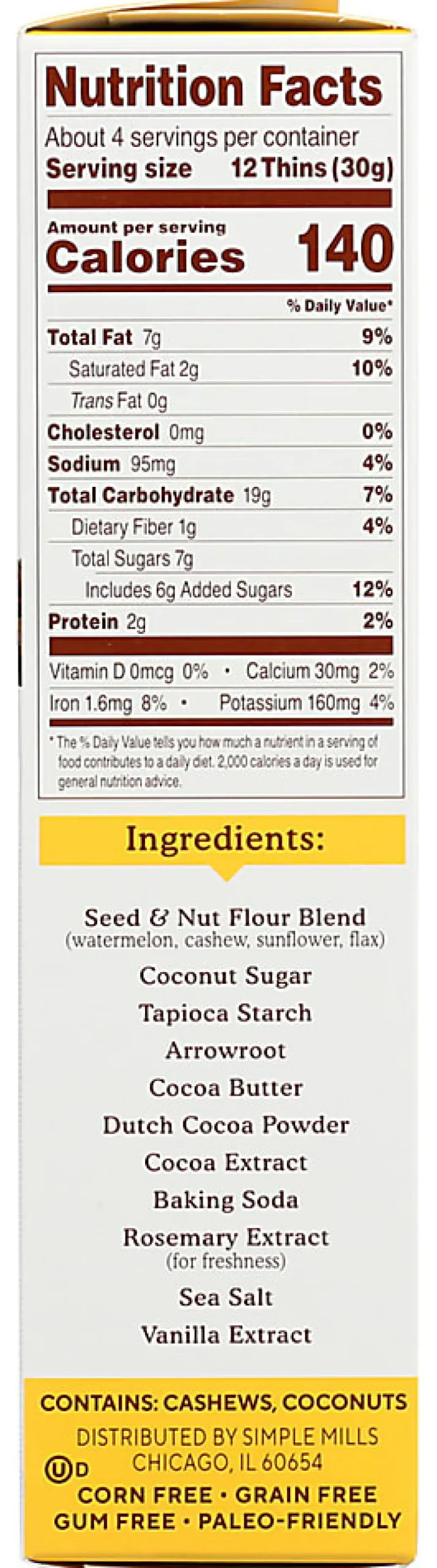 Simple Mills Seed And Nut Flour Sweet Thins, Chocolate Brownie, 4.25 Oz, Total Qty 6