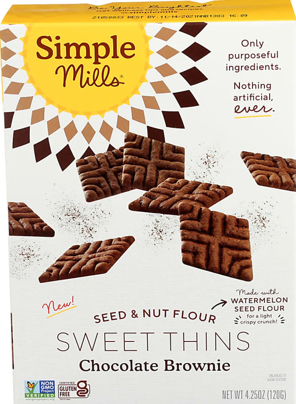 Simple Mills Seed And Nut Flour Sweet Thins, Chocolate Brownie, 4.25 Oz, Total Qty 6