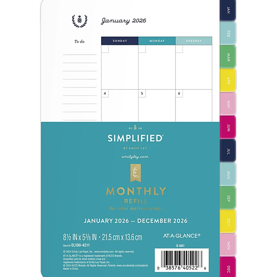 Simplified by Emily Ley for AT-A-GLANCE® 2026 Monthly Refill, Loose-Leaf, Desk Size, 5 1/2" x 8 1/2"